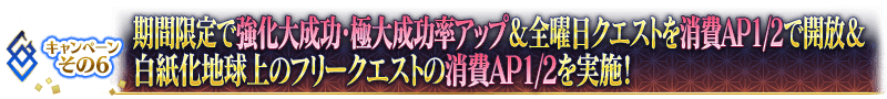 キャンペーンその6 ■期間限定で強化大成功･極大成功率アップ＆全曜日クエストを消費AP1/2で開放＆白紙化地球上のフリークエストの消費AP1/2を実施！