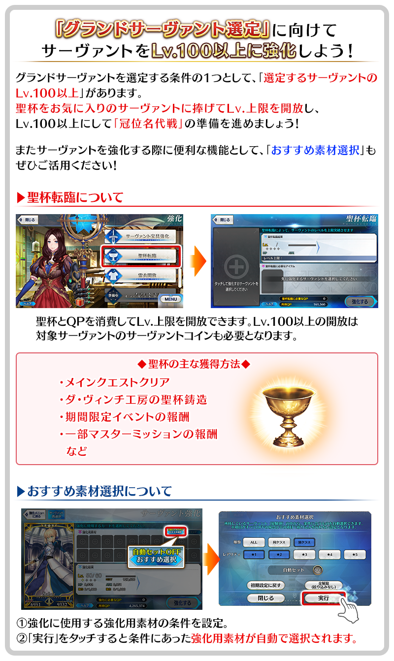 グランドサーヴァント選定に向けてお気に入りのサーヴァントをLv.100以上にしよう!